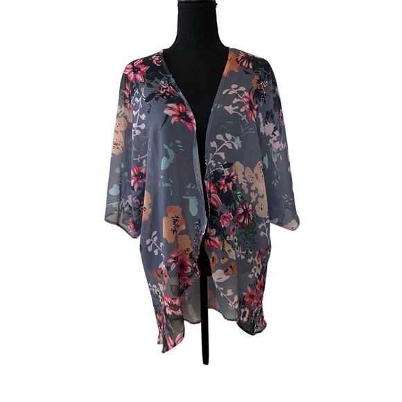 no brand Tops - Floral Sheer Kimono Cardigan Gray Boho Large
